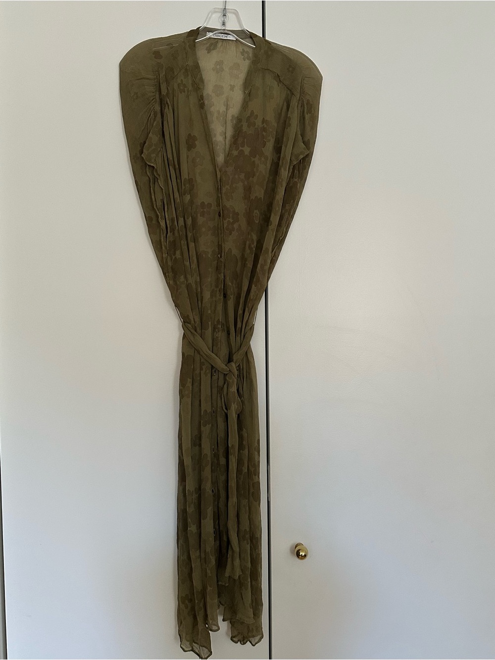 Tandem Olive Green Sheer Tie-Waist Dress